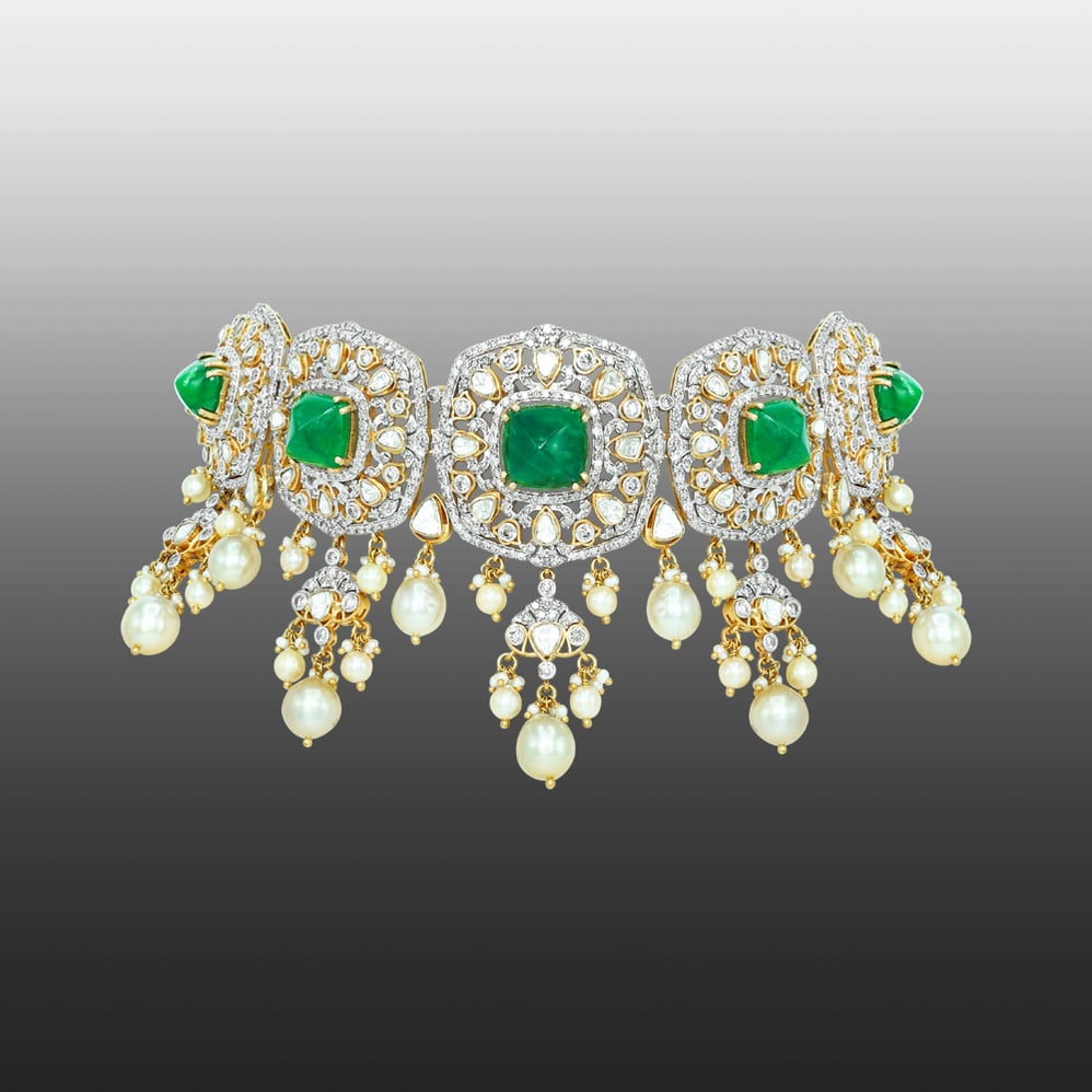 Emerald and Polki Choker with Pearls
